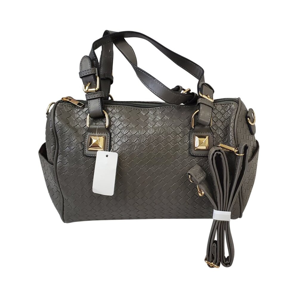 handbag is a dark gray color and has a structured design.